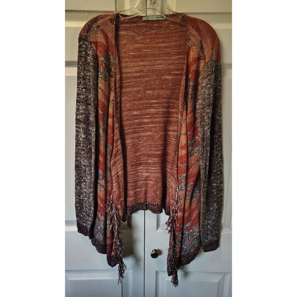 Maurices Women's Boho Space Dye Open Front Cardigan XL Rust Orange Fringe - Flaw